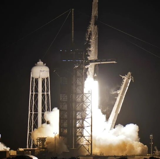 A photo of the SpaceX rocket launching the first-ever all civilian crew into Earth orbit.