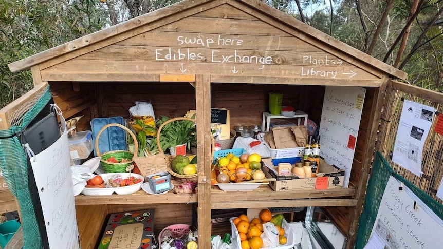 Wooden shelves stacked with baskets of fruit, sauces, seeds in paper bags and a metal tin labelled preserves