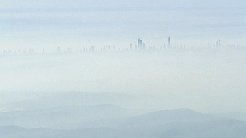 Bushfire smoke haze over the Gold Coast hinterland, looking toward a hazy city skyline