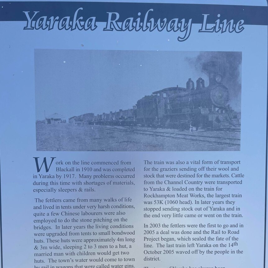 A black and white poster titled 'Yaraka Railway Line', providing facts about the history of the train tracks.