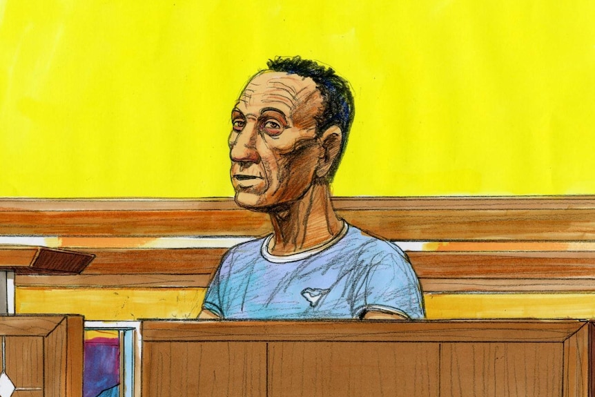 A court sketch shows a man in his 60s sitting in a court dock