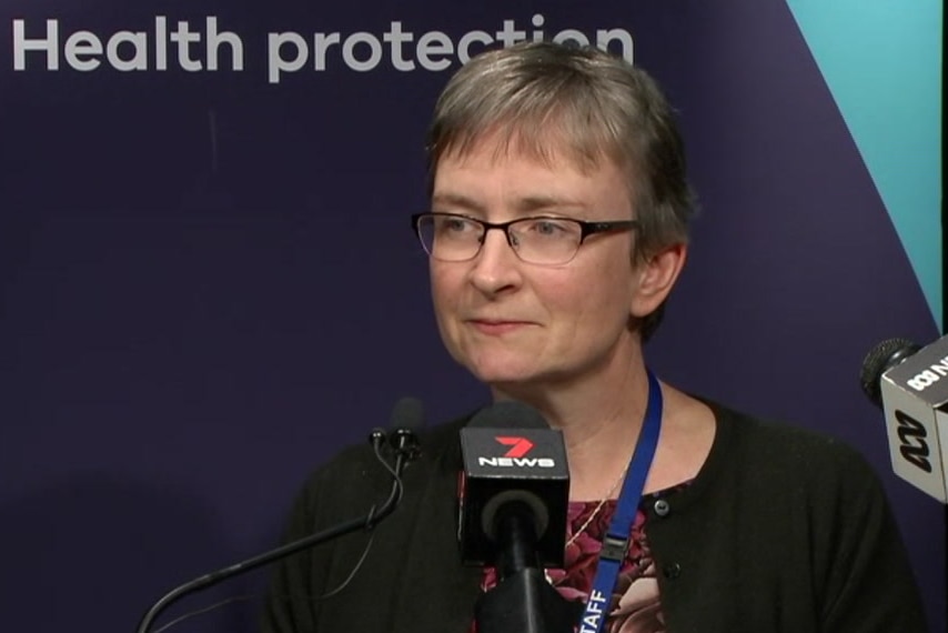 A woman standing behind media microphones