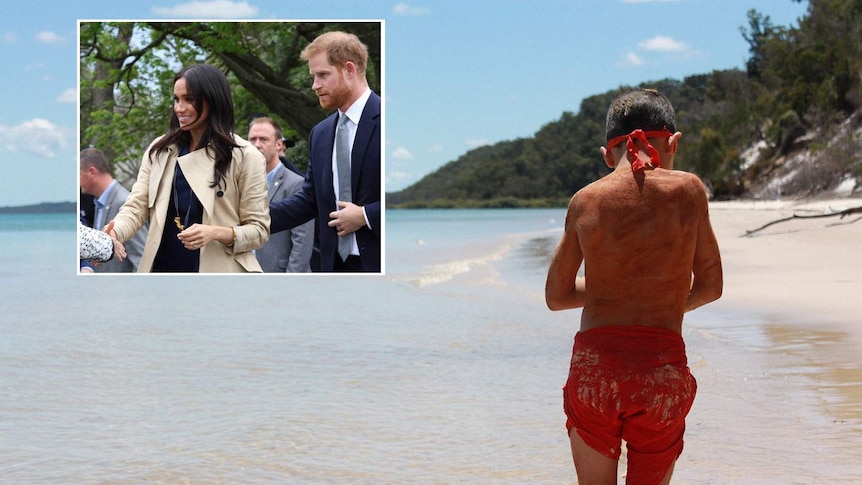 Boy stand on beach facing away from camera with image of Prince Harry and Meghan Markle embeded in corner.