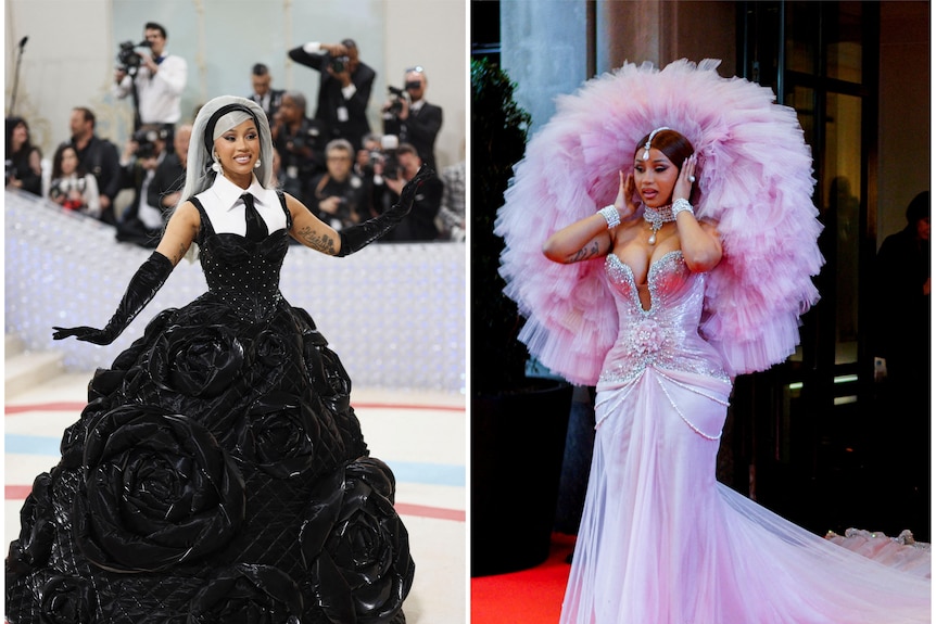 Composite image of Cardi B. On the left she wears a black and white gown. On the right her gown is baby pink.