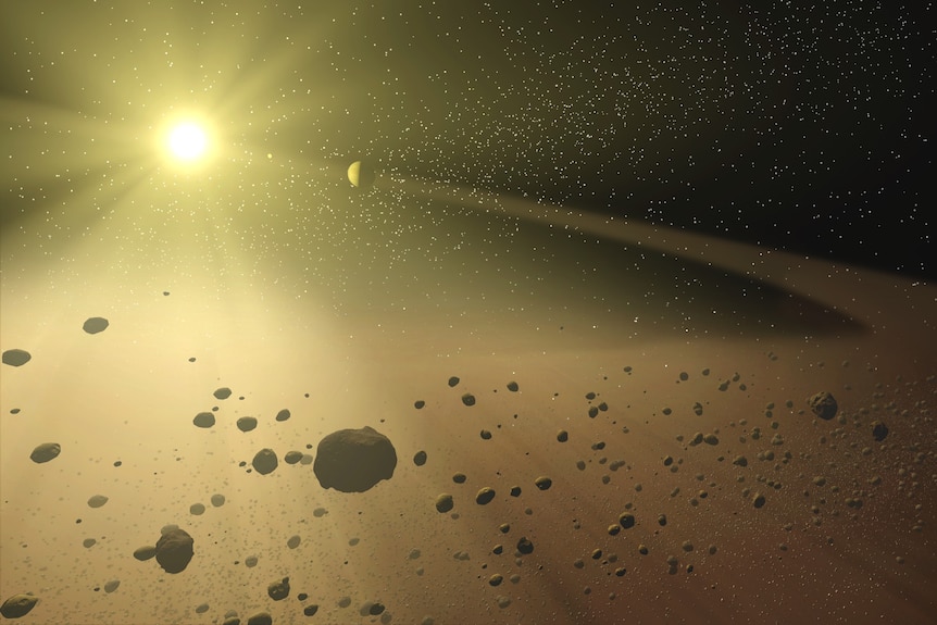 Illustration of sun, dust and asteroids