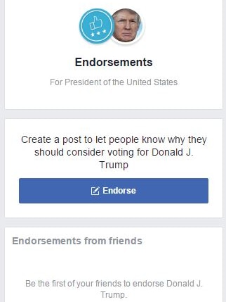 A screenshot of a button for users to endorse Donald Trump on Facebook