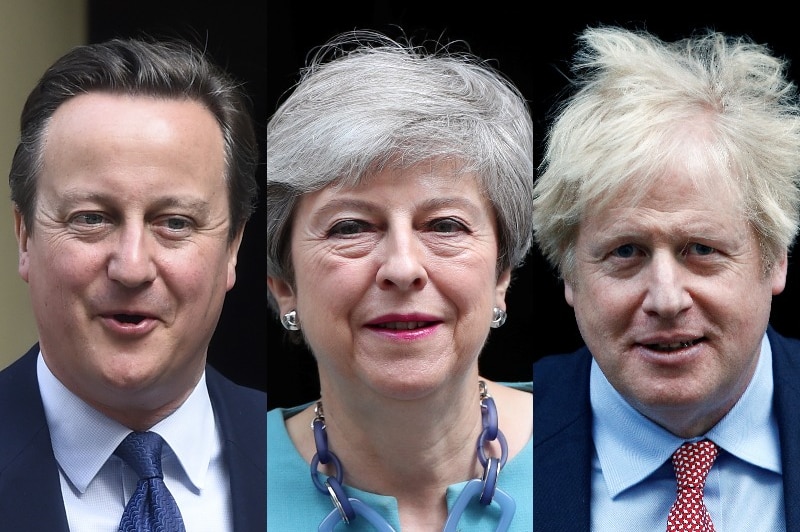 A composite image of David Cameron, Theresa May and Boris Johnson