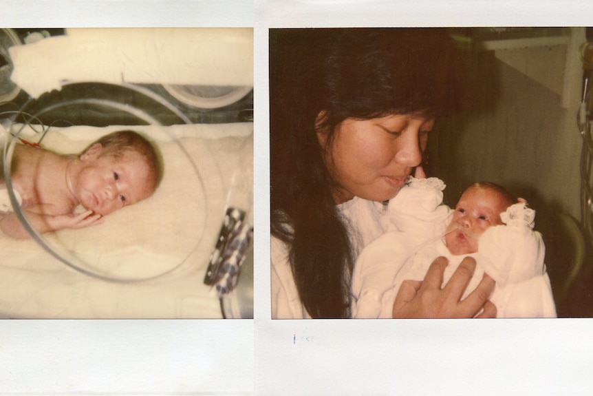 Two polaroid photos of Elly-May as a tiny baby, one with her mum.