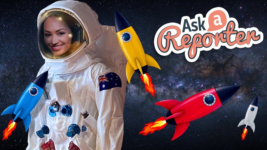 Amelia superimposed onto a spacesuit while illustrated rockets fly around her.