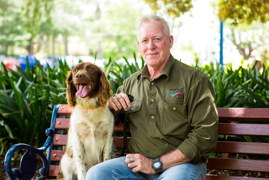 A man and a dog sit together on a park bench in front of some greenery.