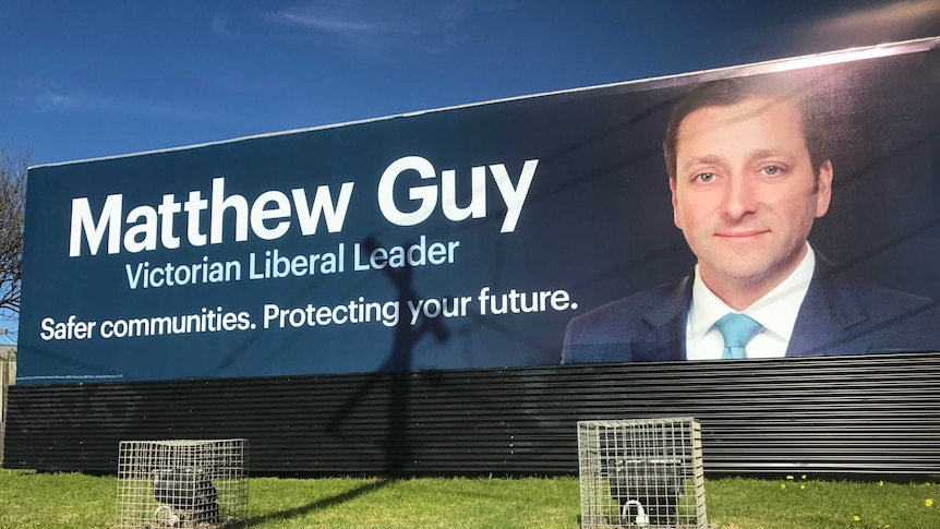 A billboard promoting Victoria's Opposition Leader Matthew Guy, which says: 'Stronger communities. Protecting your future.'