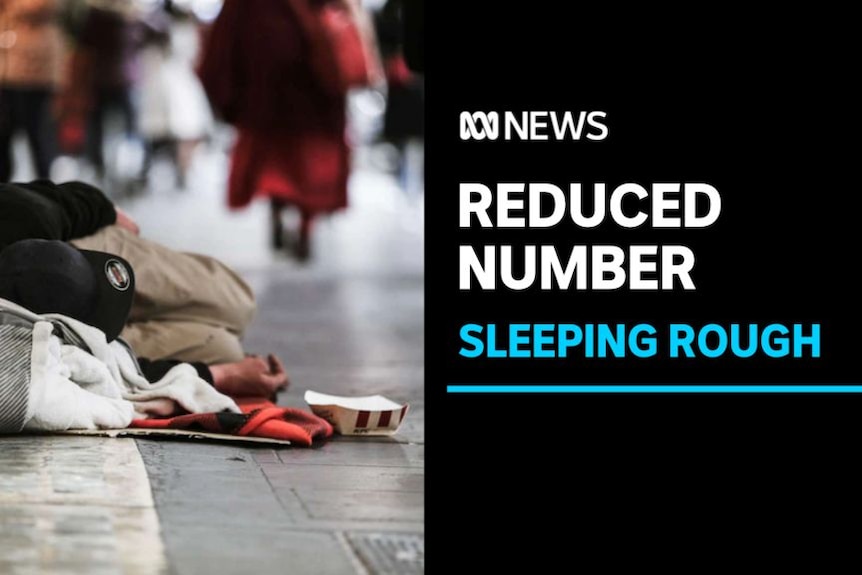 Reduced Number, Sleeping Rough: A person lies on a makeshift bed on a footpath.