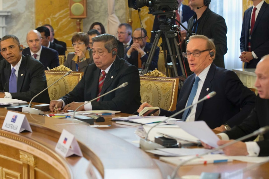 Barack Obama, Susilo Bambang Yudhoyono and Bob Carr listen to Vladimir Putin speak at the G20 summit in St Petersburg.