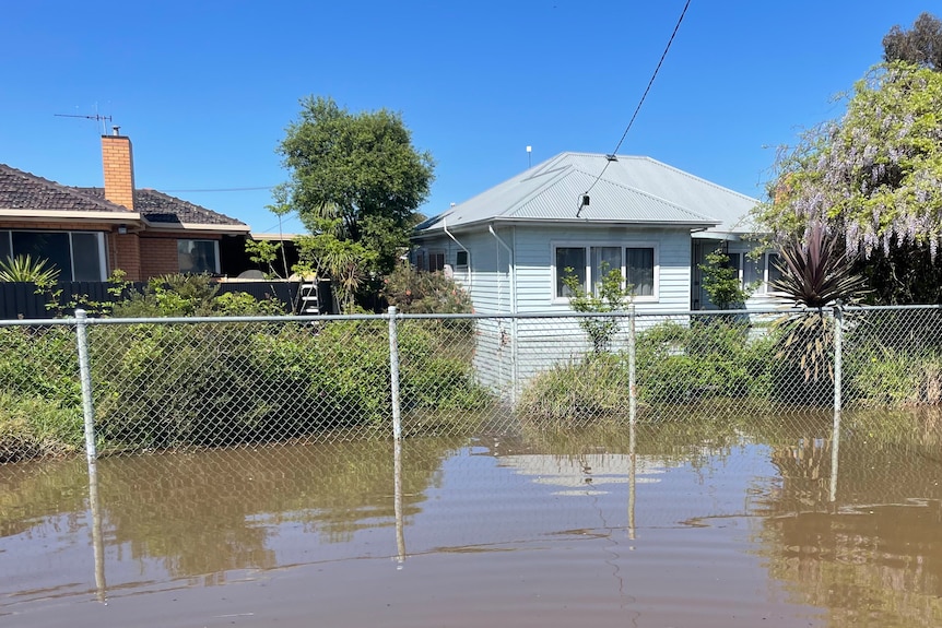 Houses pop out of brown flood water in a regional town