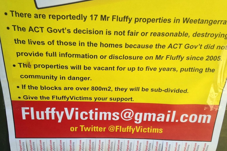 These protest signs have started appearing in areas with Mr Fluffy homes as part of a social media campaign against the buyout deal.