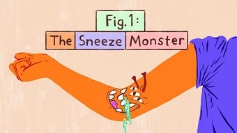 An illustration of a Sneeze Monster to help kids understand coronavirus.
