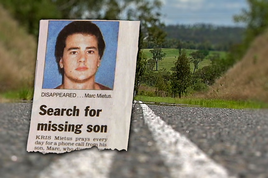 A newspaper clipping about the search for Marc Mietus.