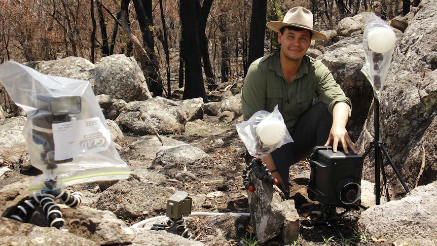 One of the cameras with a man that caught a glimpse of feral animals in a burnt conservation reserve