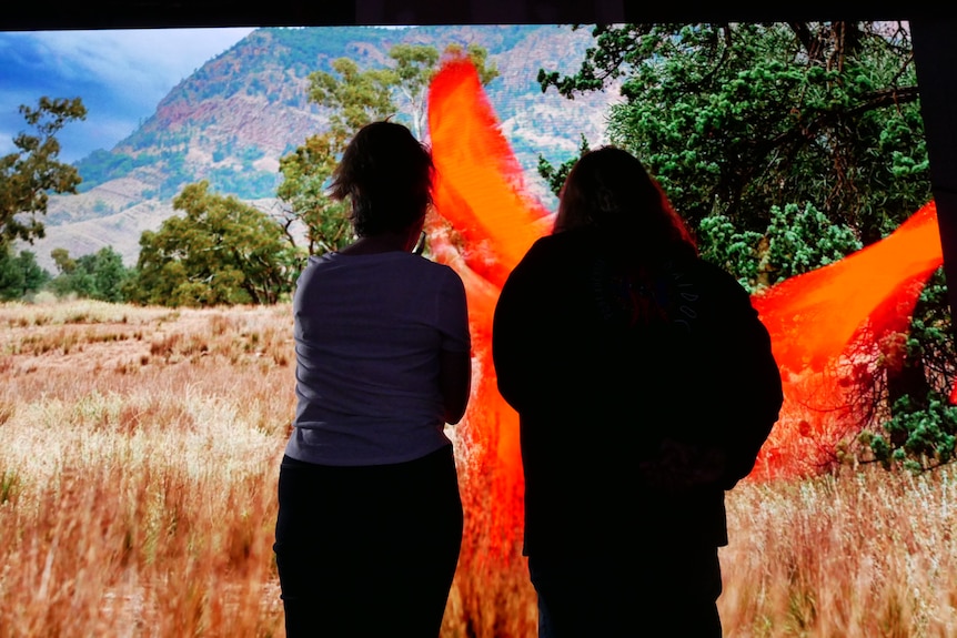The black silhouette of two woman are in front of a screen showing a bright image of dry grass and rocky red mountains. 