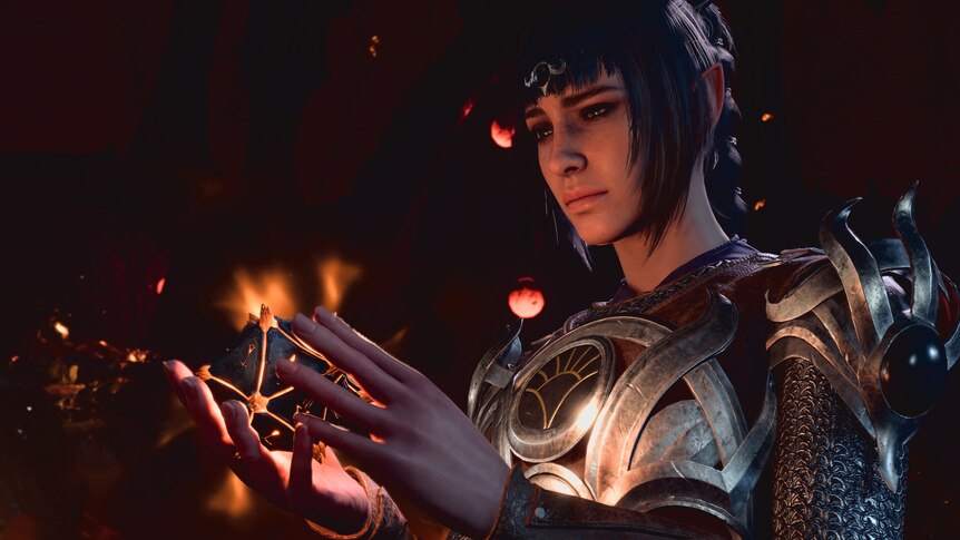 A raven-haired female half-elf, clad in armor, holding a mysterious artifact and looking at it thoughtfully. 