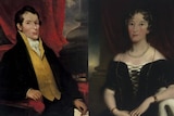 Photo of two paintings of a man and a woman.