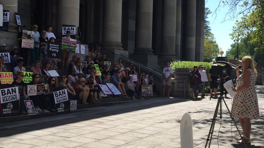 SA Greens MLC Tammy Franks addresses an anti-greyhound racing rally in front of Adelaide's Parliament House.