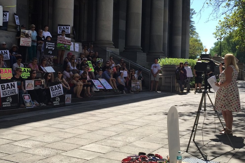 SA Greens MLC Tammy Franks addresses an anti-greyhound racing rally in front of Adelaide's Parliament House.