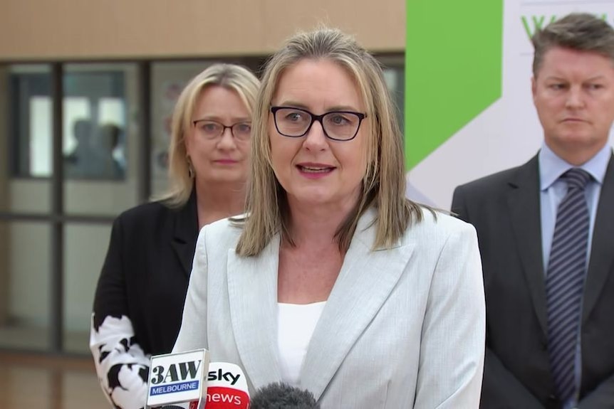 Victorian Premier Jacinta Allan speaking into microphone