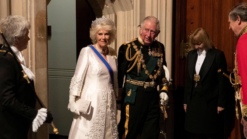 Prince Charles and his wife Camilla the Duchess of Cornwall walk into a room.