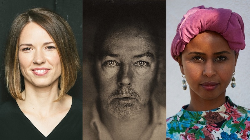 Headshots from L to R of authors Emily Bitto, Nadifa Mohamed, and John Boyne