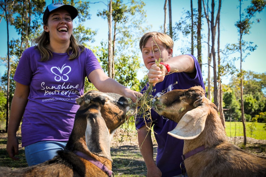 Two young people feed goats on a farm.