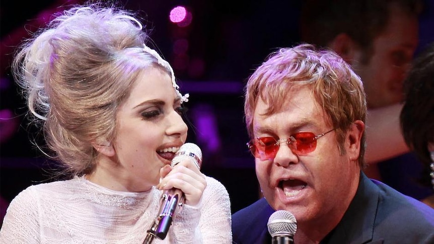 LtoR Lady Gaga and Elton John onstage together
