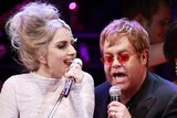 LtoR Lady Gaga and Elton John onstage together
