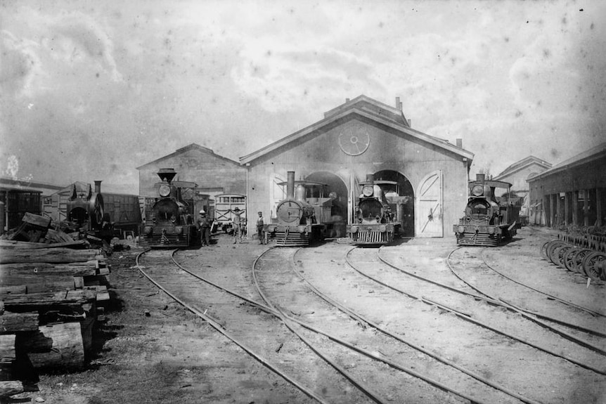 Railway sheds at Ipswich, west of Brisbane, circa 1876.