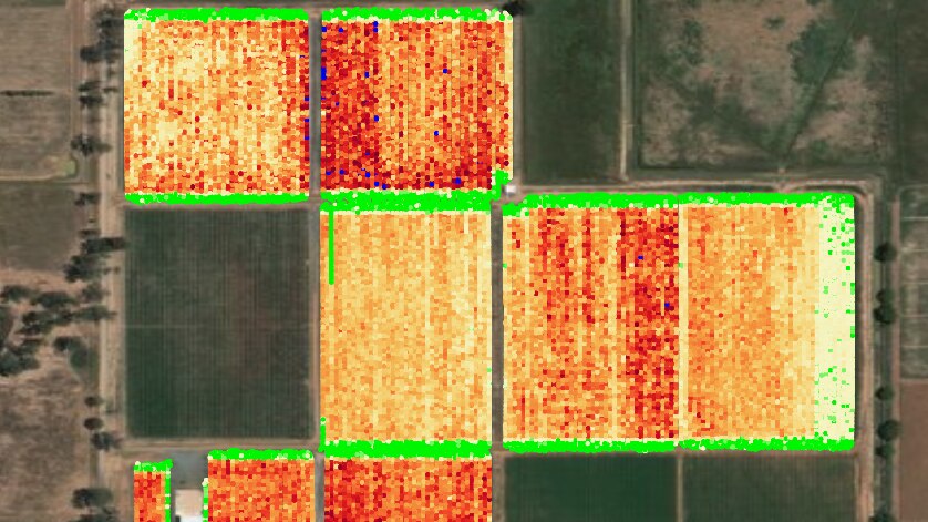 A satellite image of apple orchards with a heat map overlay showing where fruit is most densely growing