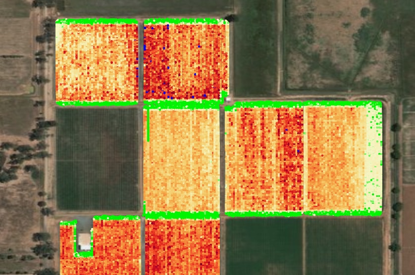 A satellite image of apple orchards with a heat map overlay showing where fruit is most densely growing