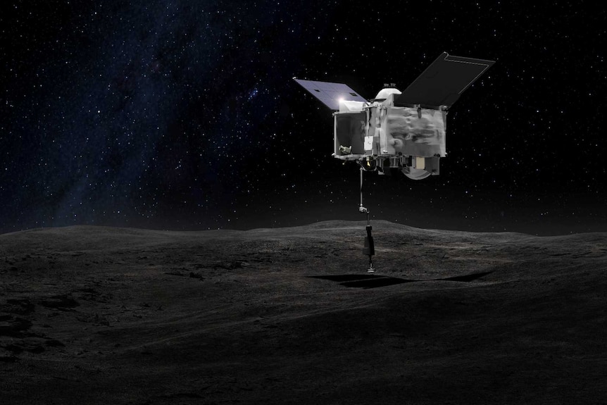 Illustration of OSIRIS-REx collecting samples off surface of Bennu