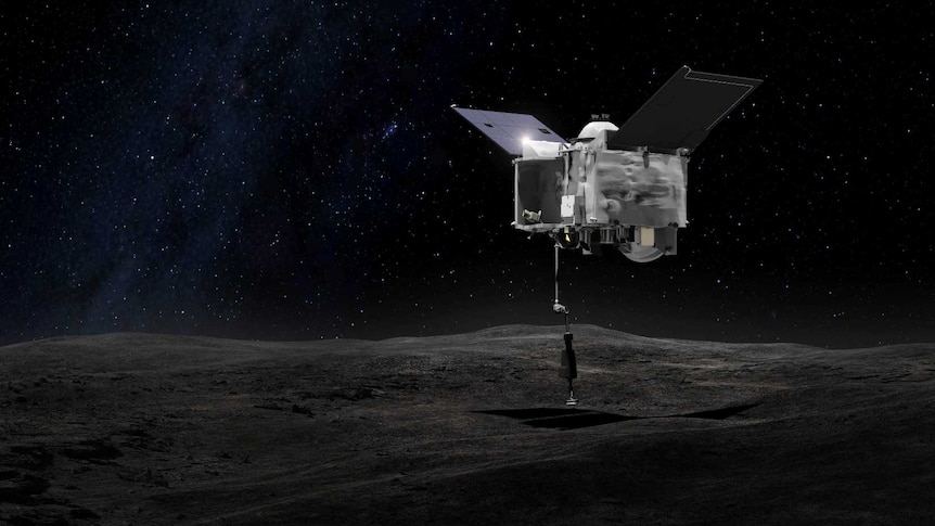 Illustration of OSIRIS-REx collecting samples off surface of Bennu