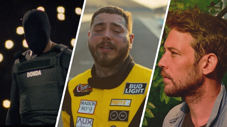 collage of Kanye West, Post Malone, and Fleet Foxes' Robin Pecknold
