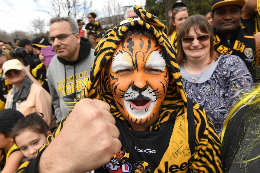 Tigers fan in full colours at the 2017 grand final parade
