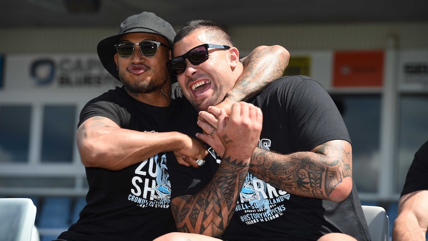 Ben Barba (L) tested positive to illicit drugs in the week after the Sharks' grand final win.