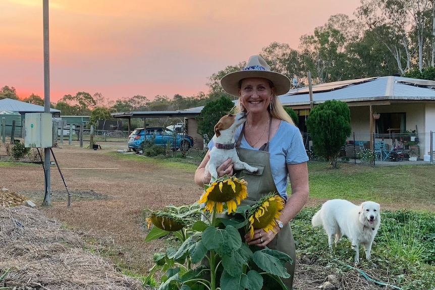 Karin O'Reilly in her garden with her dogs and homegrown sunflowers, she shares her love of gardening on Instagram.