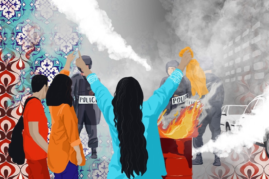 An illustration shows women holding head scarves and standing in a scene with tear gas.