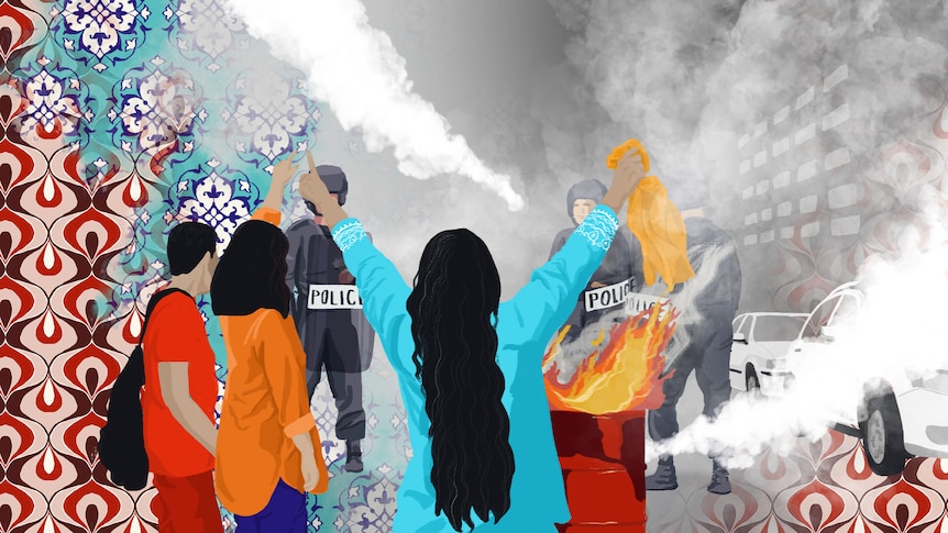An illustration shows women holding head scarves and standing in a scene with tear gas.