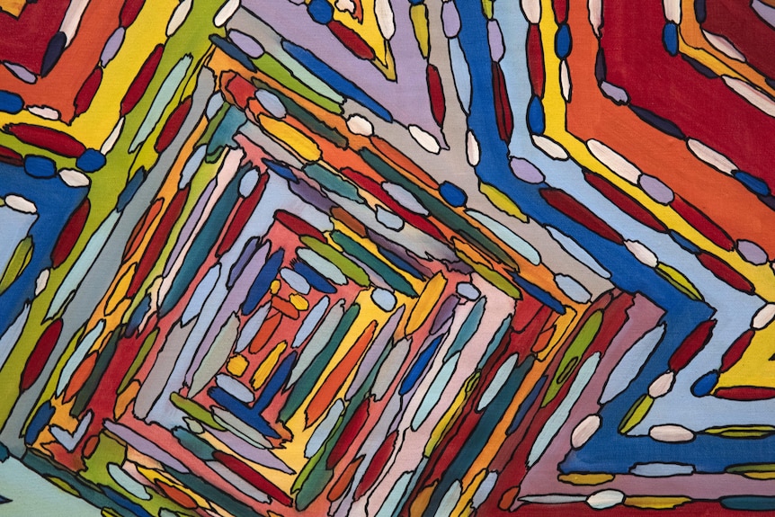An abstract painting made up of colourful lines and marks 