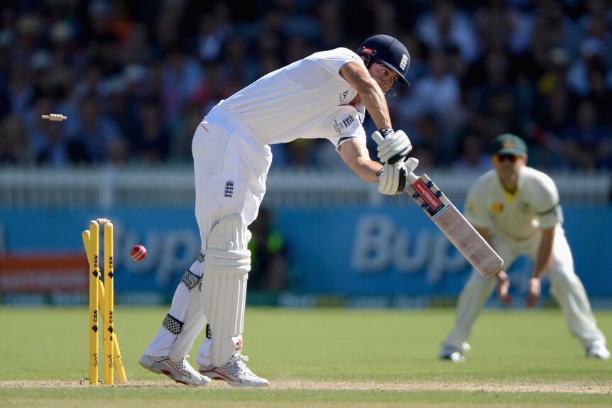 Alastair Cook bowled by Mitchell Johnson, Second Ashes Test, December 6, 2013.