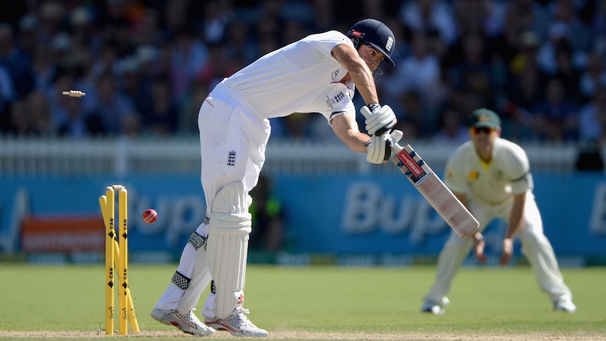 Alastair Cook bowled by Mitchell Johnson, Second Ashes Test, December 6, 2013.