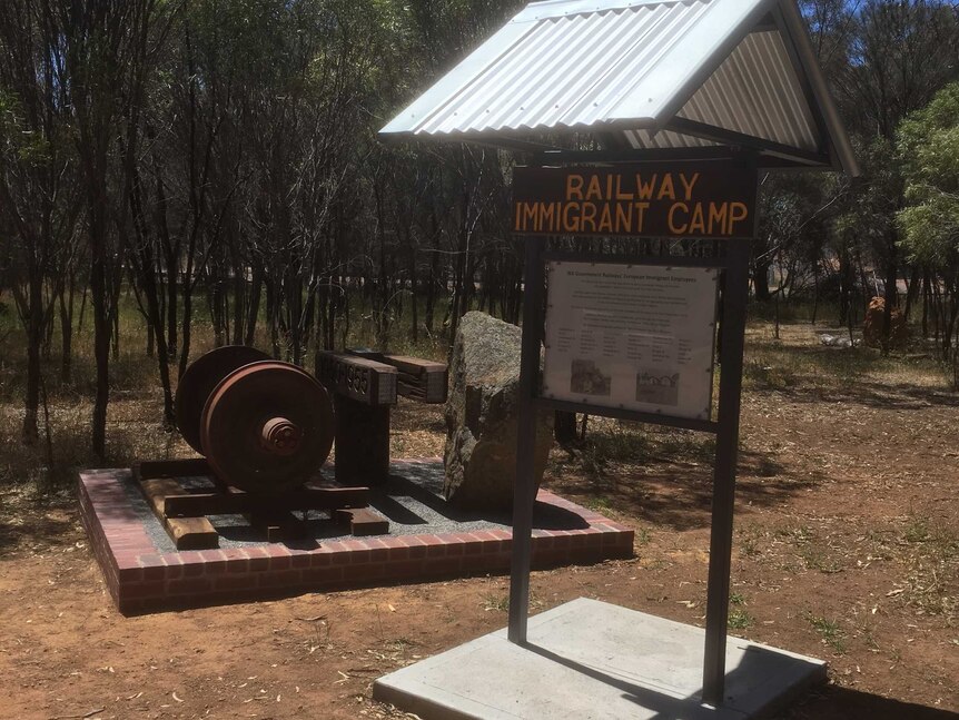 A photo of the monument that has been installed near the former railway camp.