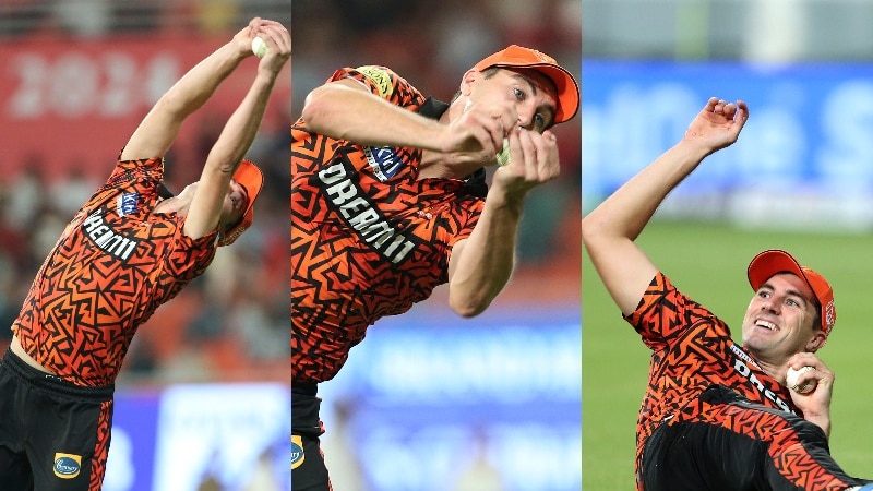 A three-picture composite image of Pat Cummins catching, falling and celebrating a catch in the IPL.