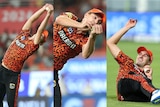 A three-picture composite image of Pat Cummins catching, falling and celebrating a catch in the IPL.